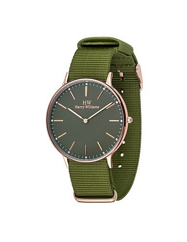 HARRY WILLIAMS Rose Gold Green Fabric Strap